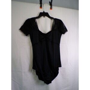 Women’s Black Lace Sleeve Bodysuit Top V-Neck Ruched Front XL